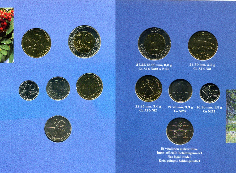Финляндия госнабор из 5 монет плюс оригинальный жетон 1994 UNC 3-4-1-49