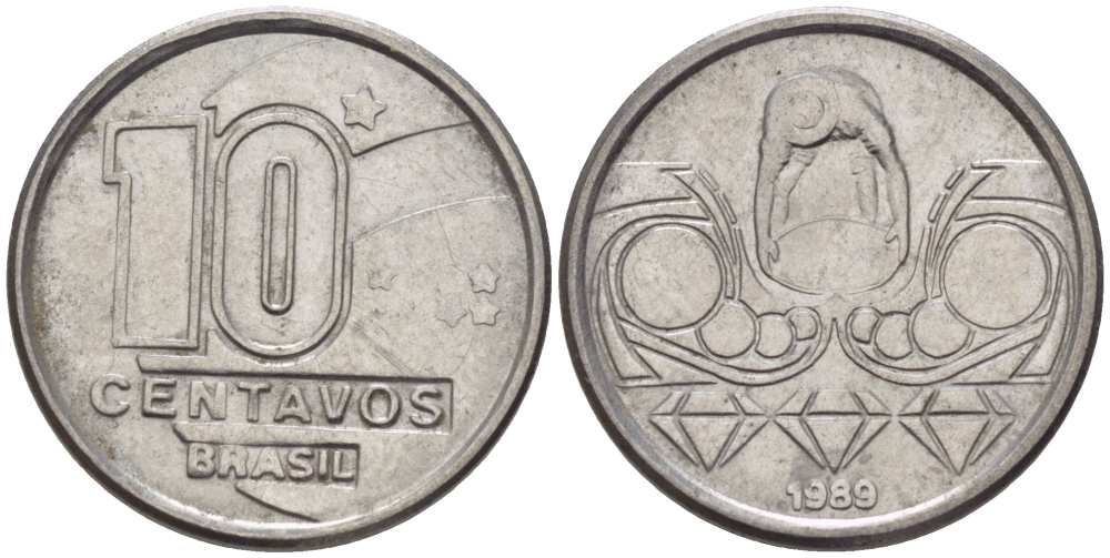Бразилия 10 сентаво 1989 золотодобыча KM 613 нержавеющая сталь 112-1136