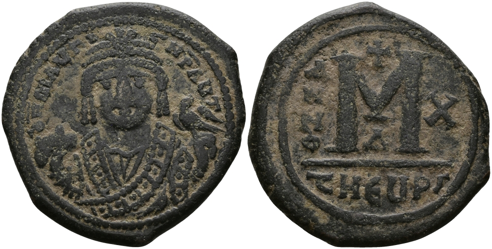 Византийская Империя фоллис 592 Маврикий Тиберий Антиохия good very fine Sear 533 бронза 1073-7-21