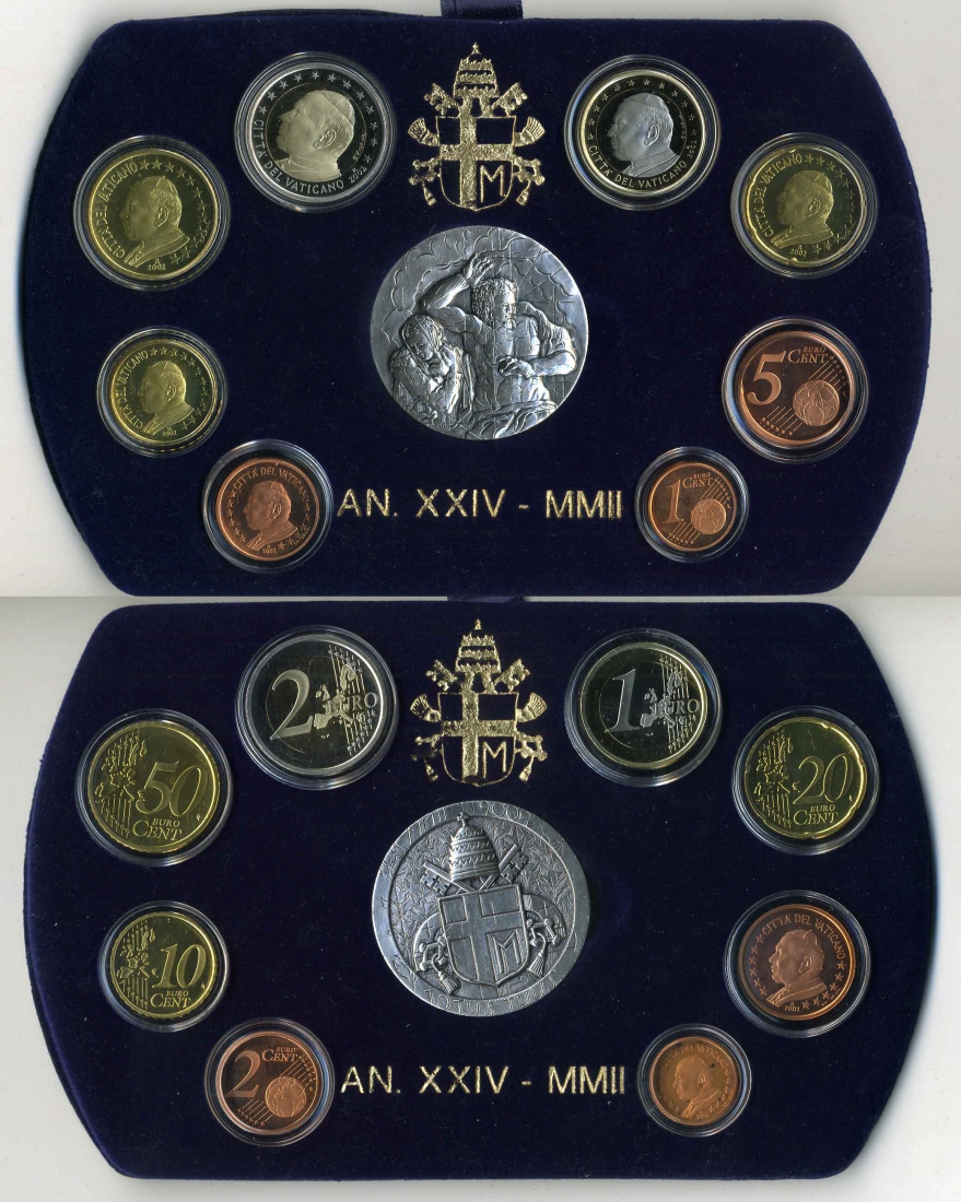 Ватикан евронабор из 8 монет + серебряная медаль 2002 Иоанн Павел II, очень редкий KM PS 15 биметалл PROOF 4-3-5-01-1