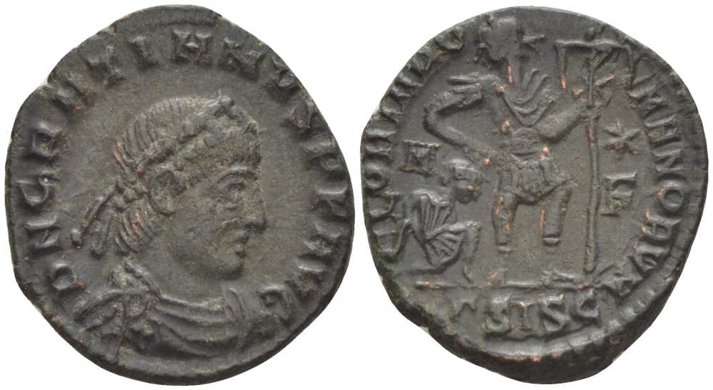 Римская Империя нуммий 367 - 375 Грациан, GLORIA ROMANORVM, Сисция RIC 14с бронза 1073-17-85