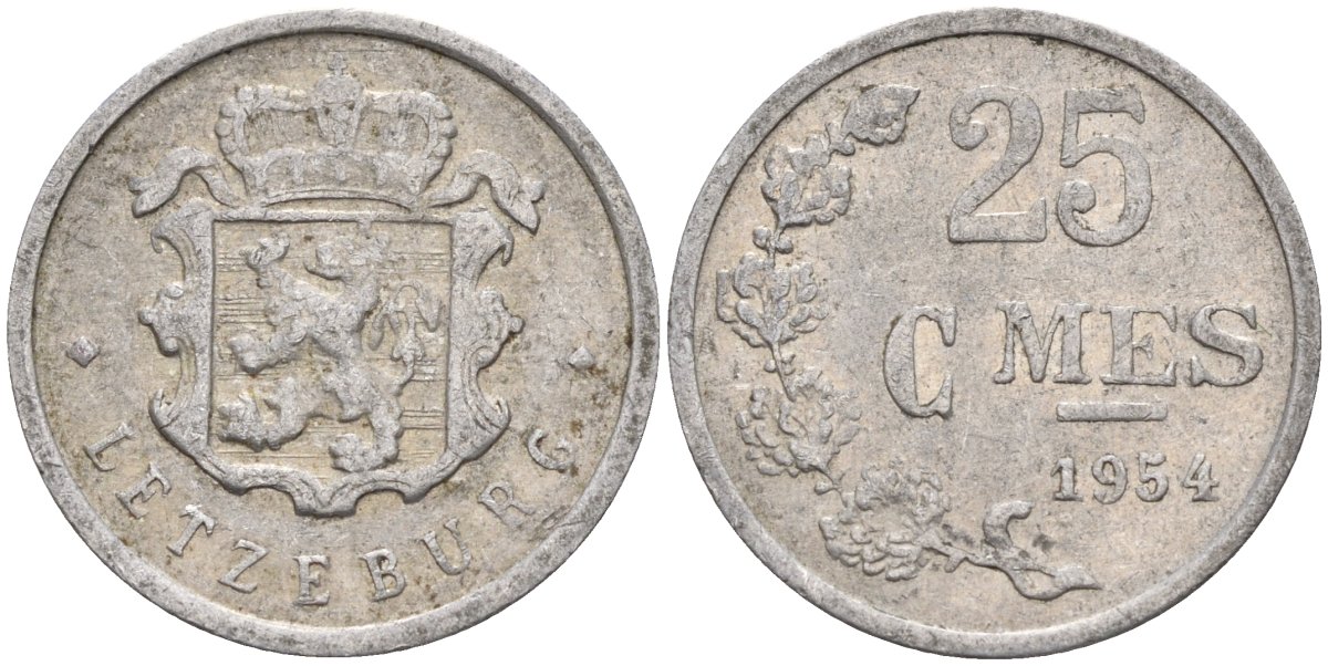 Люксембург 25 сантимов 1954 Герцог Жан (1964-1999) KM 45a алюминий 4596-839