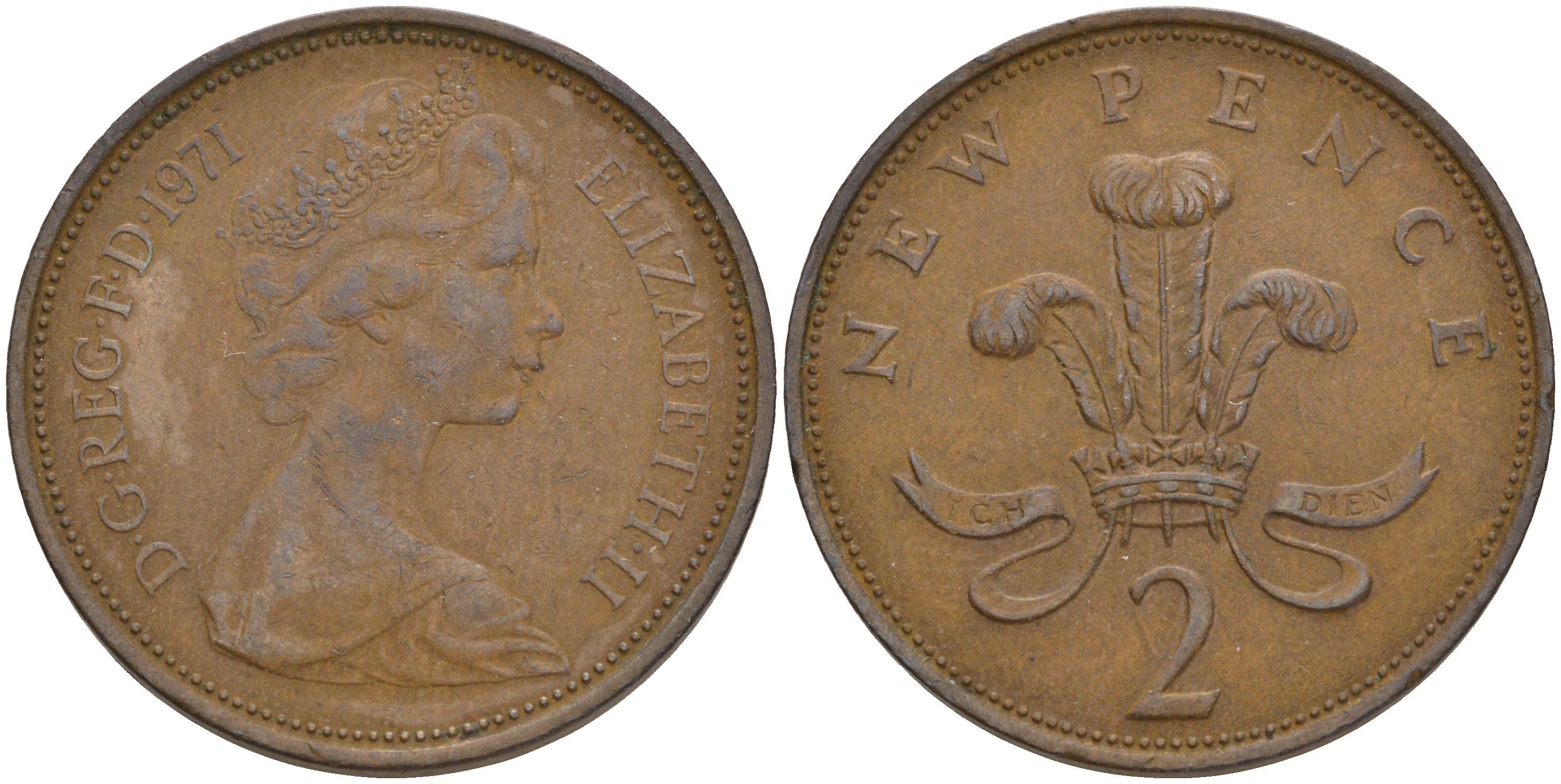 Великобритания 2 пенса 1971 Елизавета II (1952-2022) KM 916, Spink 4235 (C1) бронза 4561-546