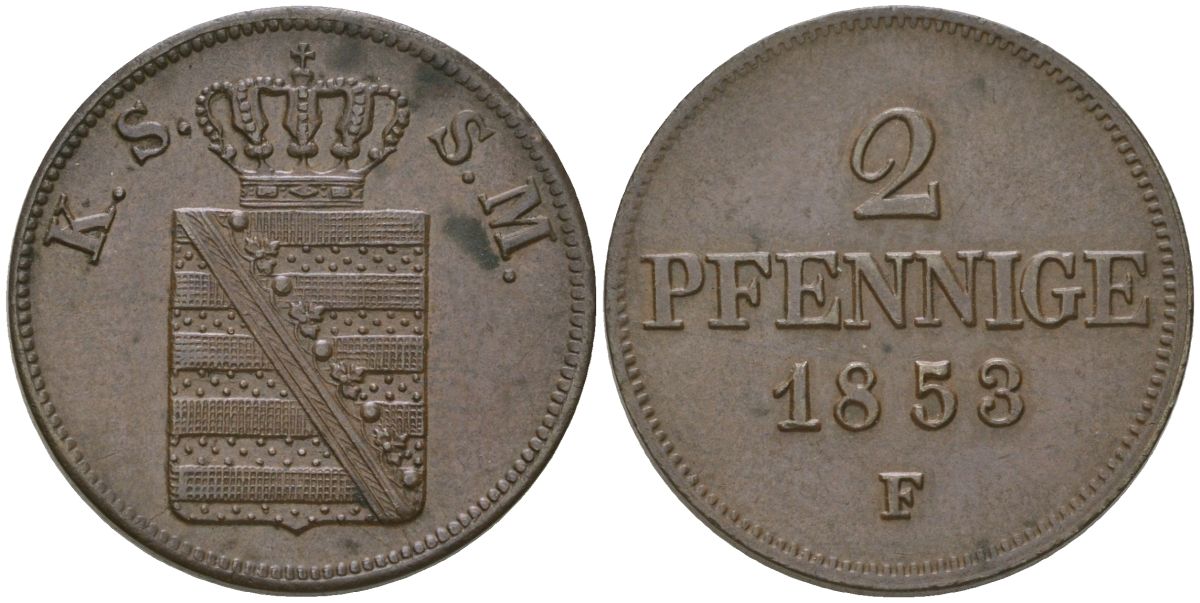 Саксония 2 пфеннига 1853 F, Фридрих Август III (1836-1854) KM 1157 медь aUNC 4584-1011