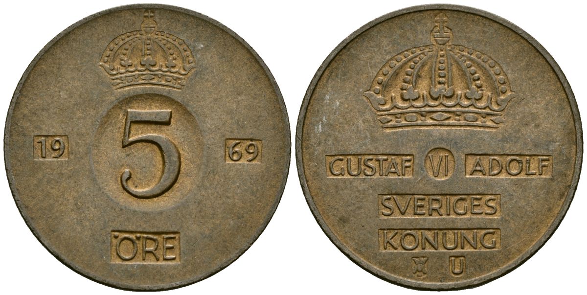 Швеция 5 эре 1969 Густав VI Адольф (1950-1973) KM 822 бронза 4137-414