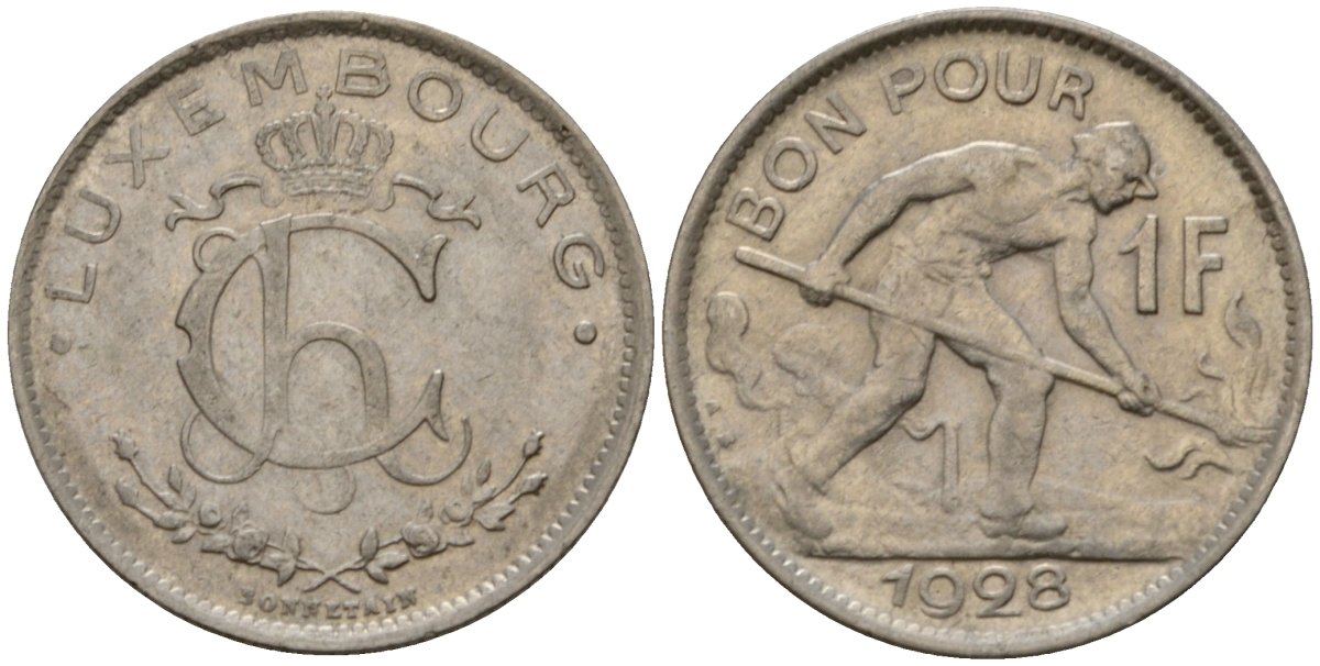 Люксембург 1 франк 1928 сталевар, Шарлотта (1918-1964) KM 35 никель 4603-1052