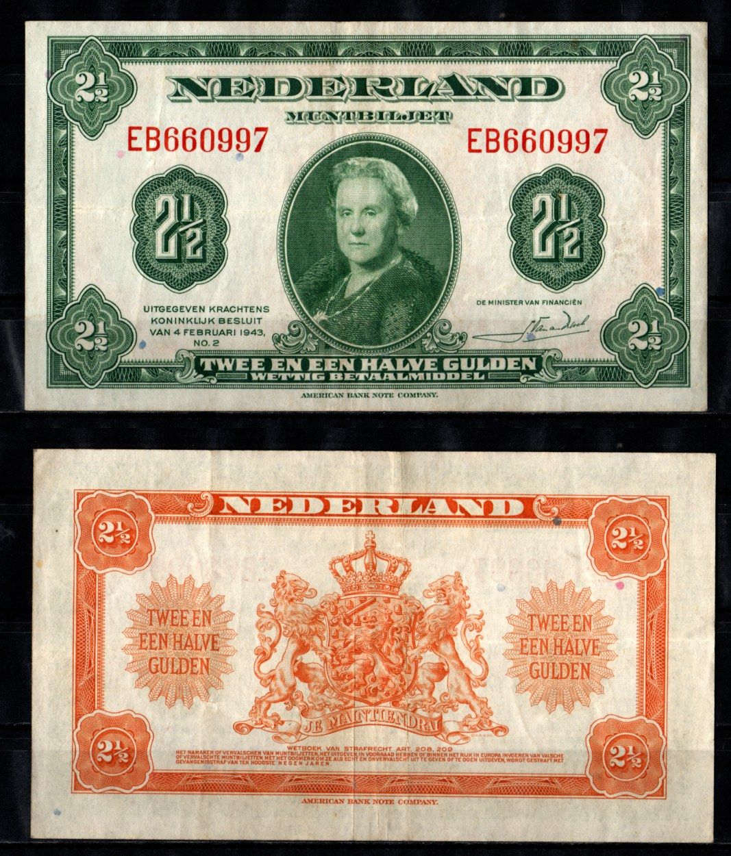 Нидерланды 2 1/2 гульденов 1943 Pick 65 бумага 85592-42-3-1