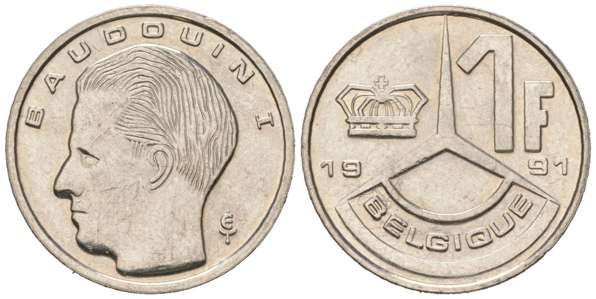 Бельгия 1 франк 1991 Belgique, Бодуэн I (1951-1993) KM 170 нержавеющая сталь aUNC 4618-459