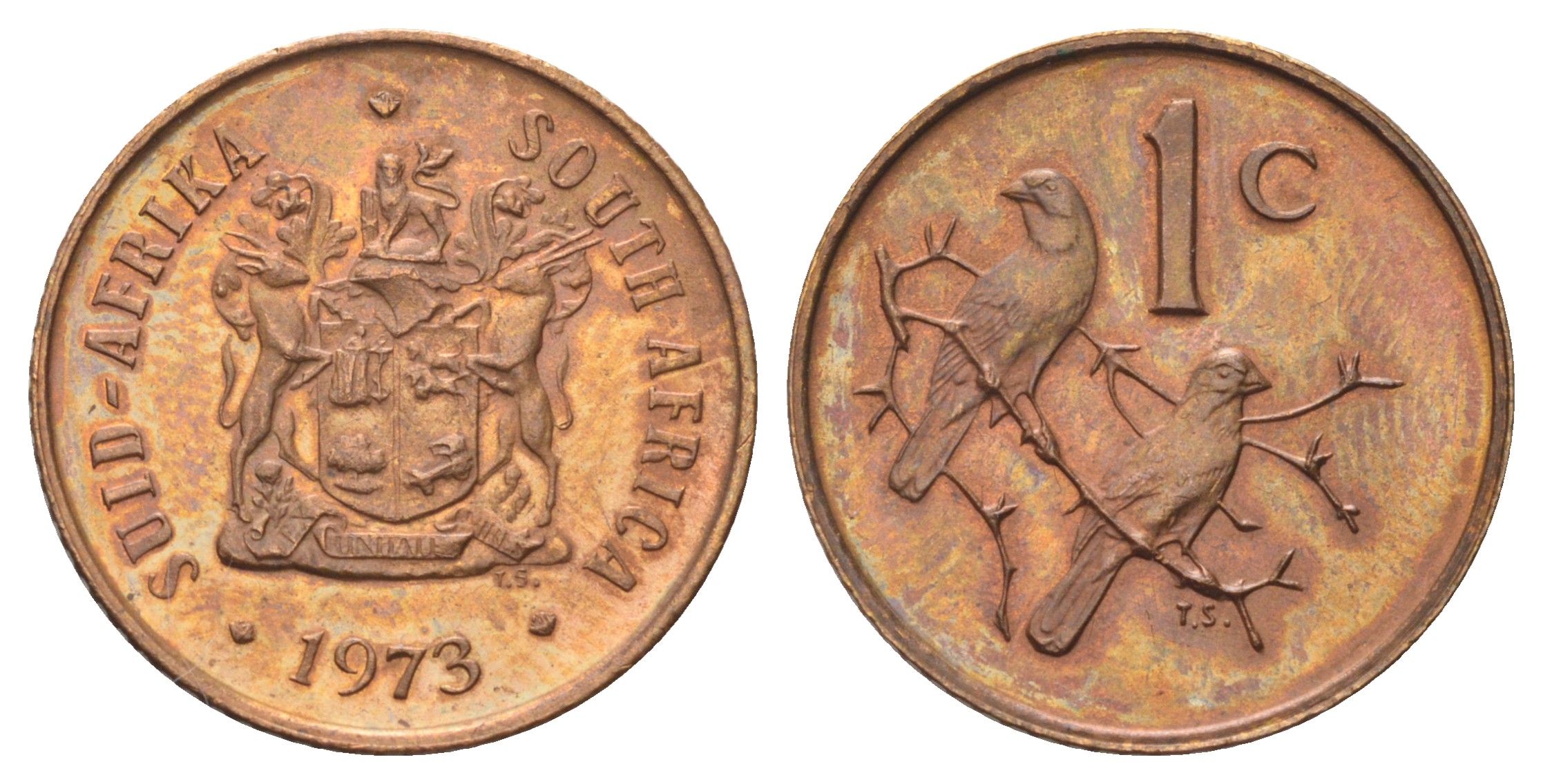 ЮАР 1 цент 1973 герб, капские воробьи KM 82 бронза UNC 4696-923