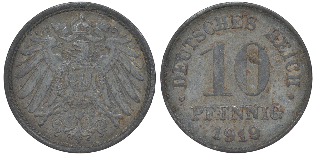 ГЕРМАНИЯ 10 ПФЕННИГОВ 1919 KM 26, J. 299 цинк 45-1254