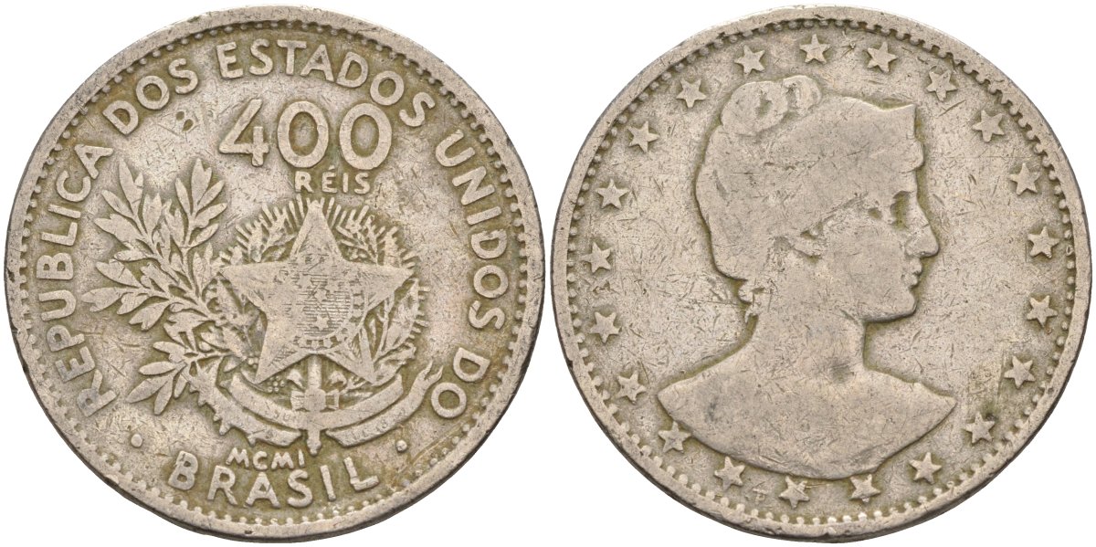 Бразилия 400 рейс 1901 голова свободы вправо KM 505 медно-никель 4367-226