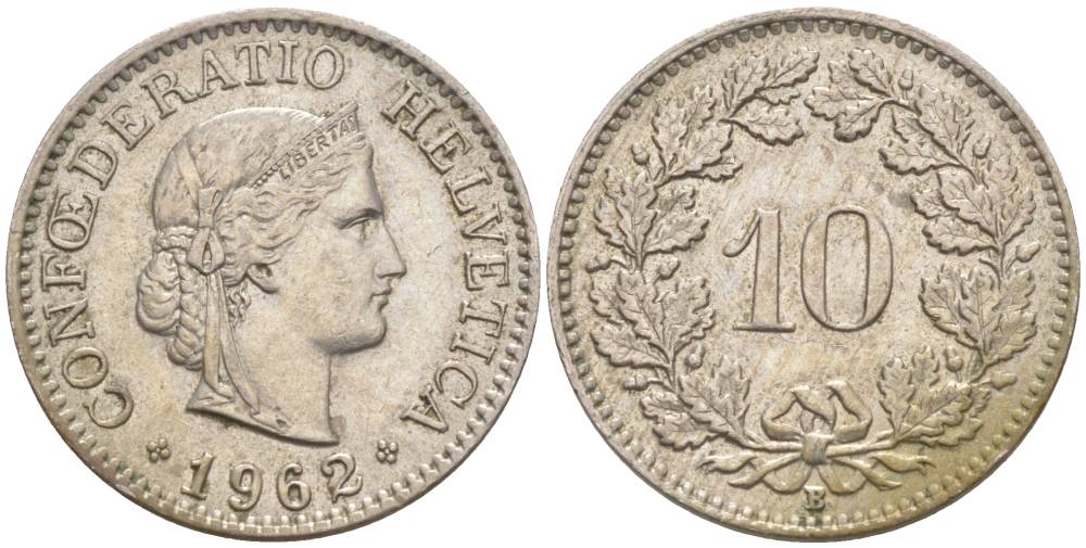 ШВЕЙЦАРИЯ 10 РАППЕНОВ 1962 В KM 27 медно-никель 55-331