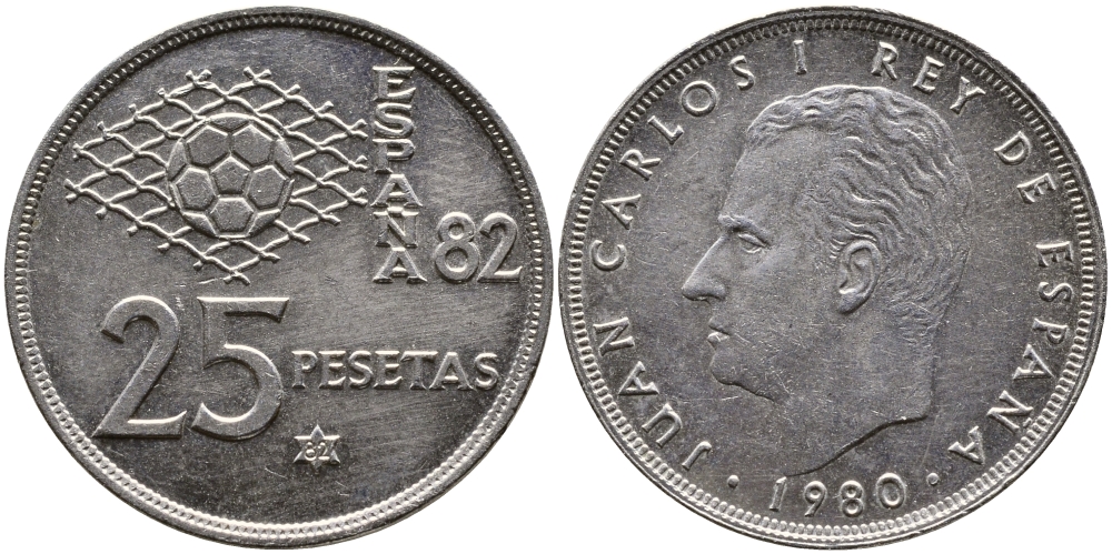 Испания 25 песет 1980 (82) чемпионат мира по футболу в Испании 1982 года, Хуан Карлос I (1975-) KM 818 медно-никель 62-613