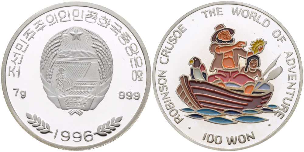 Северная Корея 100 вонов 1996 Робинзон Крузо в лодке с Пятницей и попугаем, цветная эмаль KM 122 серебро  PROOF  04-011-15
