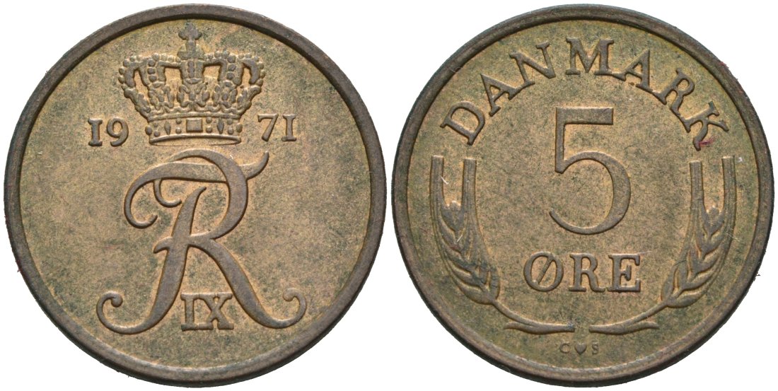 Дания 5 эре 1971 Фредерик IX (1947-1972) KM 848 бронза 4571-334