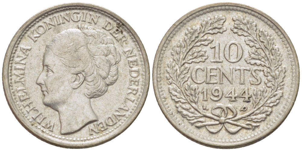 Нидерланды 10 центов 1944 Вильгельмина (1890-1948) KM 163 серебро aUNC 4392-1257