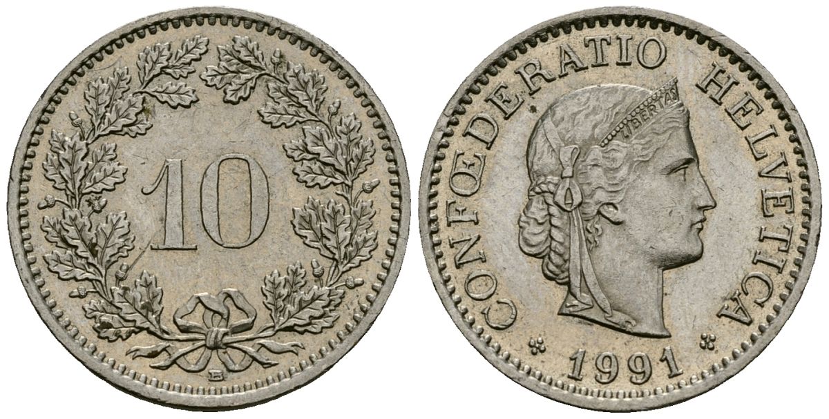 Швейцария 10 раппенов 1991 KM 27 медно-никель 4173-1056