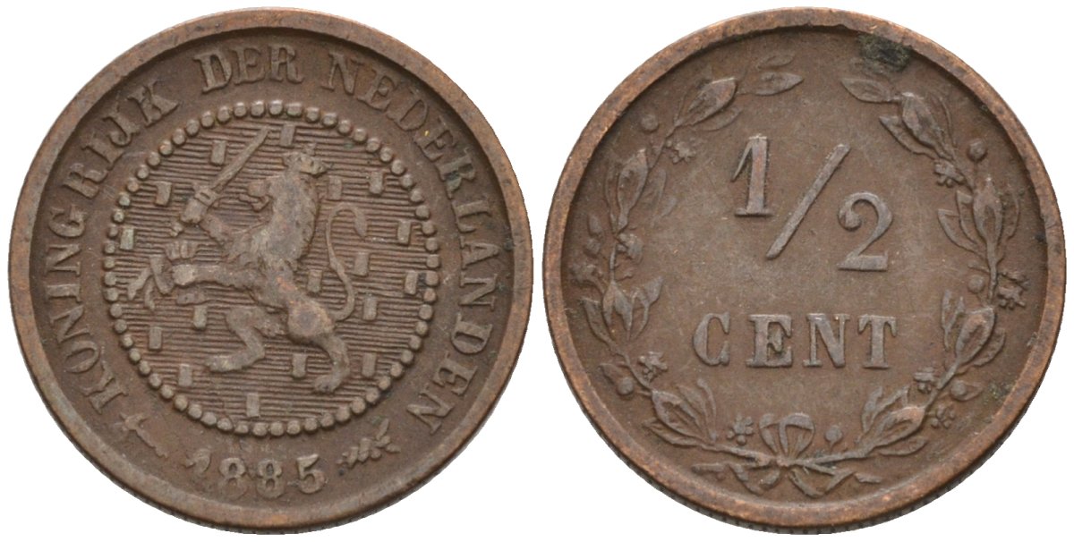 Нидерланды 1/2 цента 1885 Виллем III (1849-1890) KM 109 бронза 4576-266