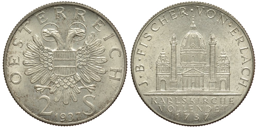 Австрия 2 шиллинга 1937 200 лет церкви Святого Чарльза в Вене KM 2859 серебро 413-2114