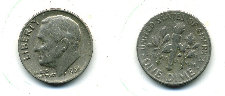 США 10 ЦЕНТОВ = 1 ДАЙМ 1966 РУЗВЕЛЬТ KM 195а медь плакированная медно-никелем 4364-345