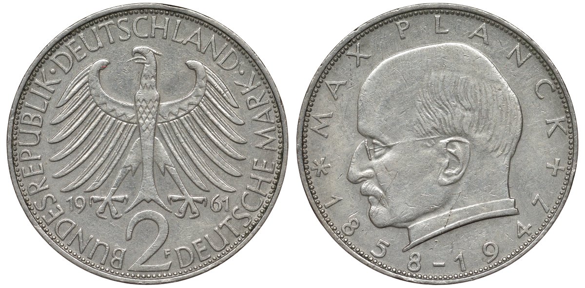 ФРГ 2 марки 1961 F, Макс Планк KM 116, J. 392 медно-никель плакированный никелем 72-313