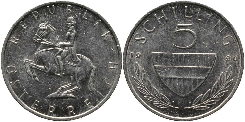 АВСТРИЯ 5 ШИЛЛИНГОВ 1990 KM 2889а медно-никель 33-631