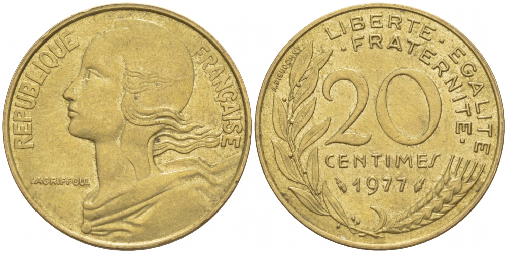 ФРАНЦИЯ 20 САНТИМОВ 1977 ТИП MARIANNE KM 930, LE FRANC 156.17 алюминиевая бронза 4402-956