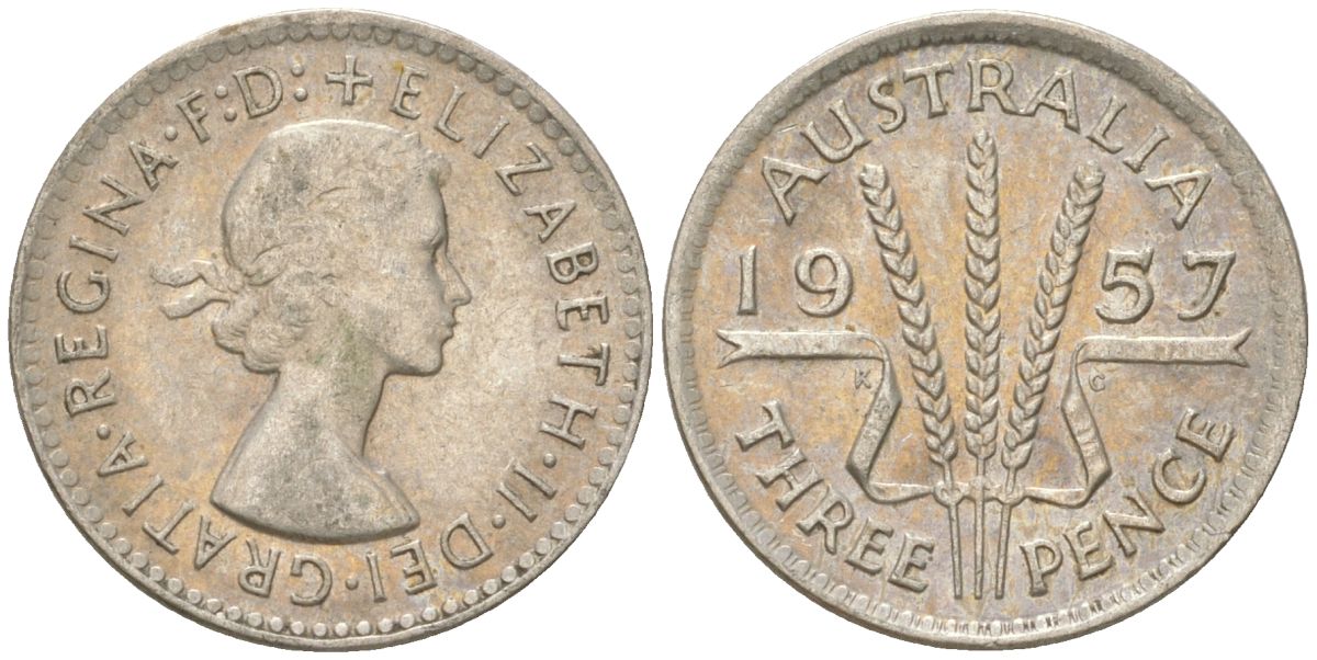 Австралия 3 пенса 1957 m, Елизавета II (1952-2022) KM 57 серебро 4621-1243