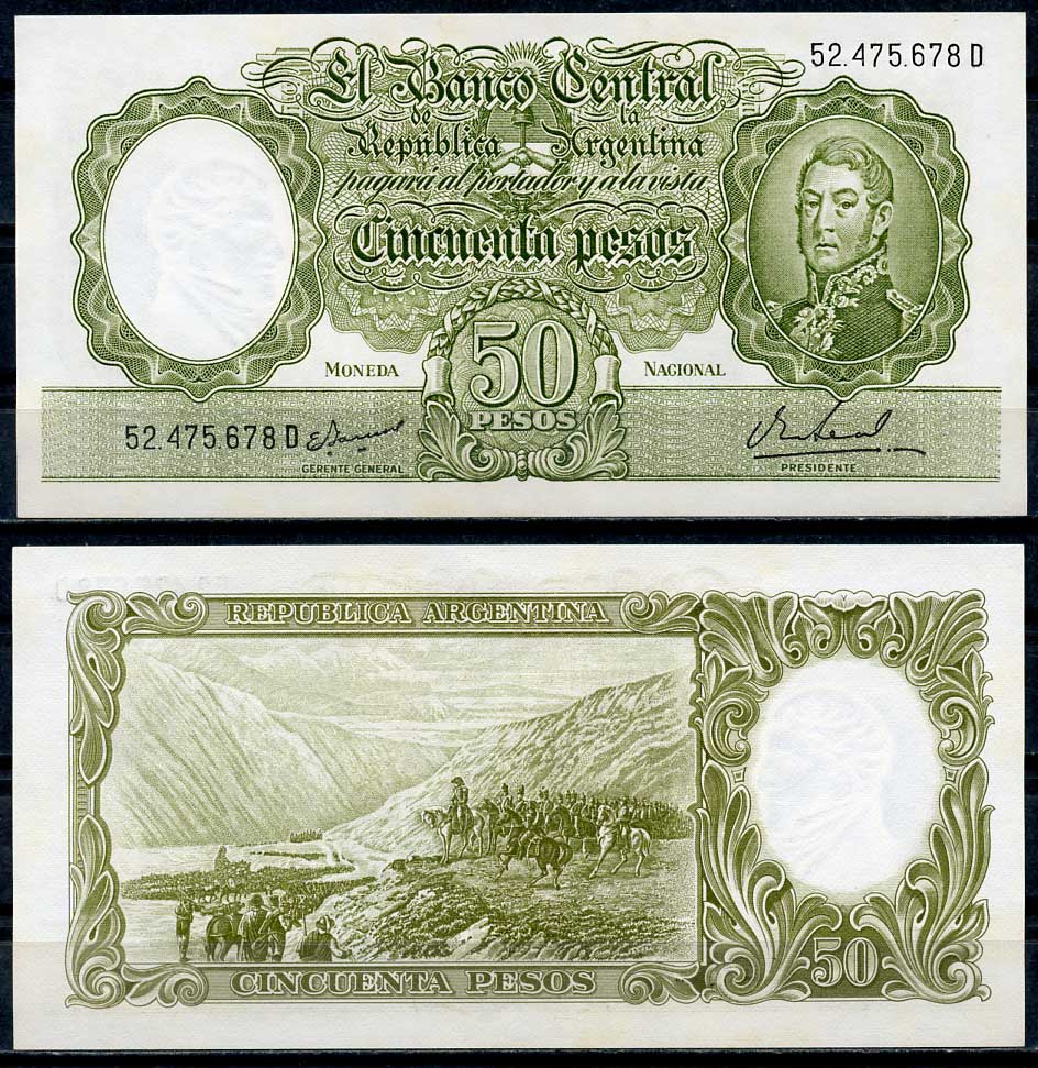 Аргентина 50 песо ND (1969) серия D 52475, Генерал Хосе де Сан-Мартин, прохождение Анд Pick 276  бумага  UNC (пресс) 447-32-2