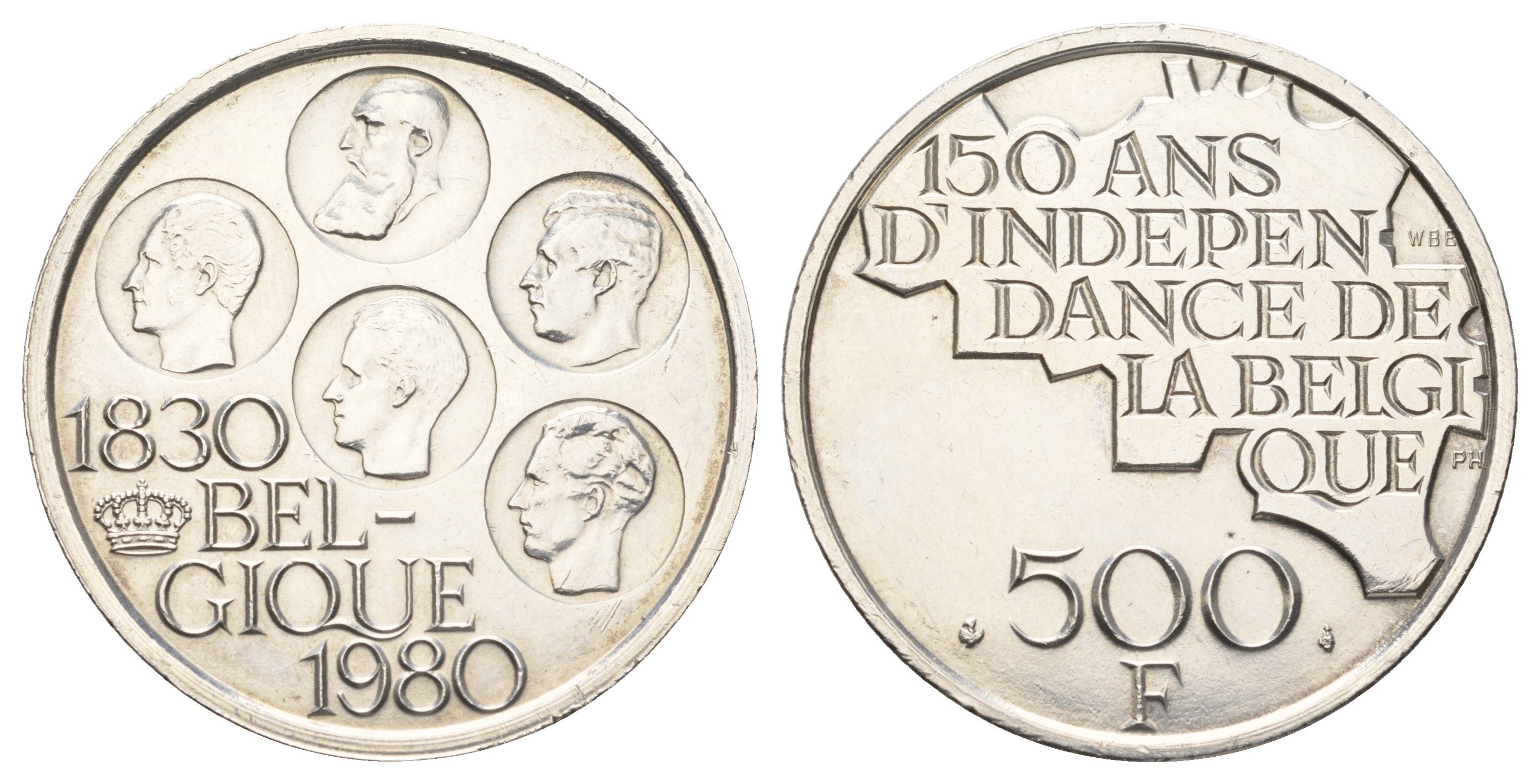 Бельгия 500 франков 1980 150 лет независимости, BELGIQUE, Бодуэн I (1951-1993) KM 161a серебро 1518-1125