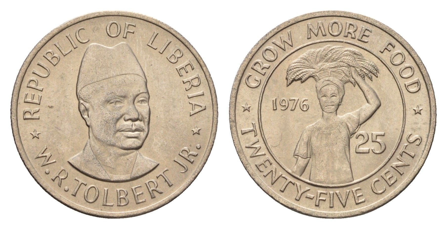 Либерия 25 центов 1976 ФАО - Выращивать больше еды KM 30 медно-никель UNC 4657-644