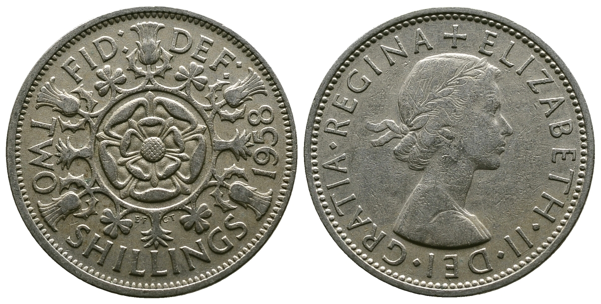 Великобритания 2 шиллинга (флорин) 1958 Елизавета II (1952-2022) KM 906, Spink 4146 медно-никель 4382-143