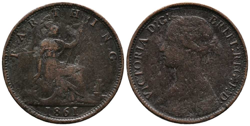 Великобритания 1 фартинг 1861 Виктория (1837-1901) KM 747.2, Spink 3958 бронза 1518-1045