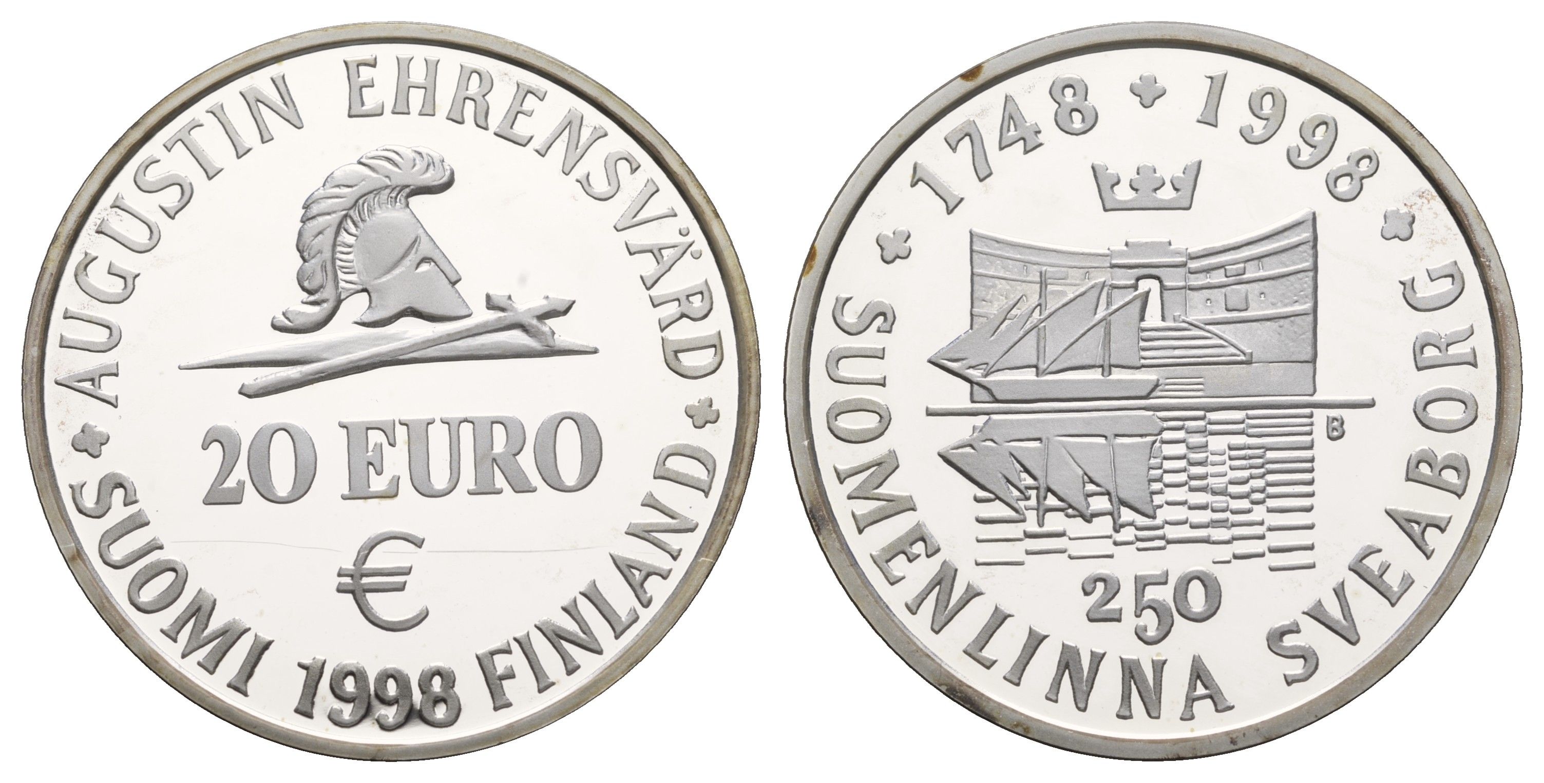 Финляндия 20 евро 1998 Крепость в Хельсинки - Суоменлинна серебро PROOF 443-1322