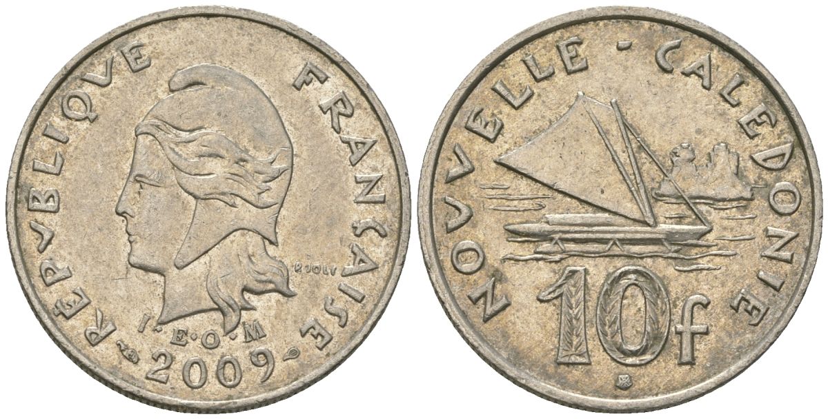 Французская Новая Каледония 10 франков 2009 рыбачья парусная лодка, (IEOM) KM 11a, Schoen 13a, Lec 99k медно-никель 60-1056