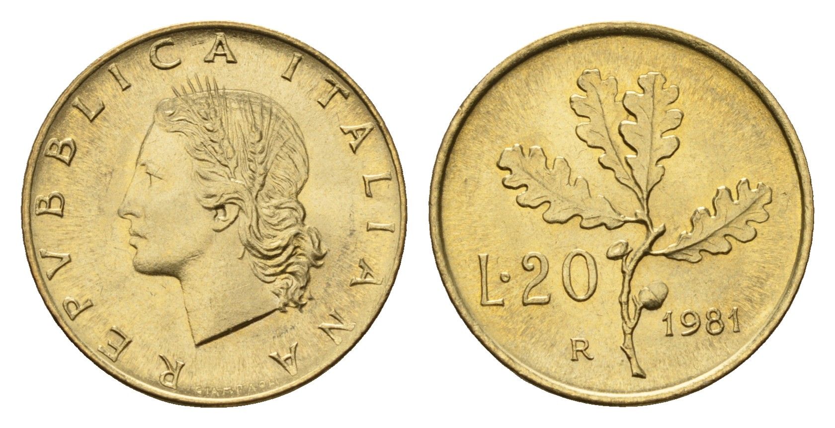 Италия 20 лир 1981 R, дубовые листья KM 97.2 алюминиевая бронза UNC 4649-933