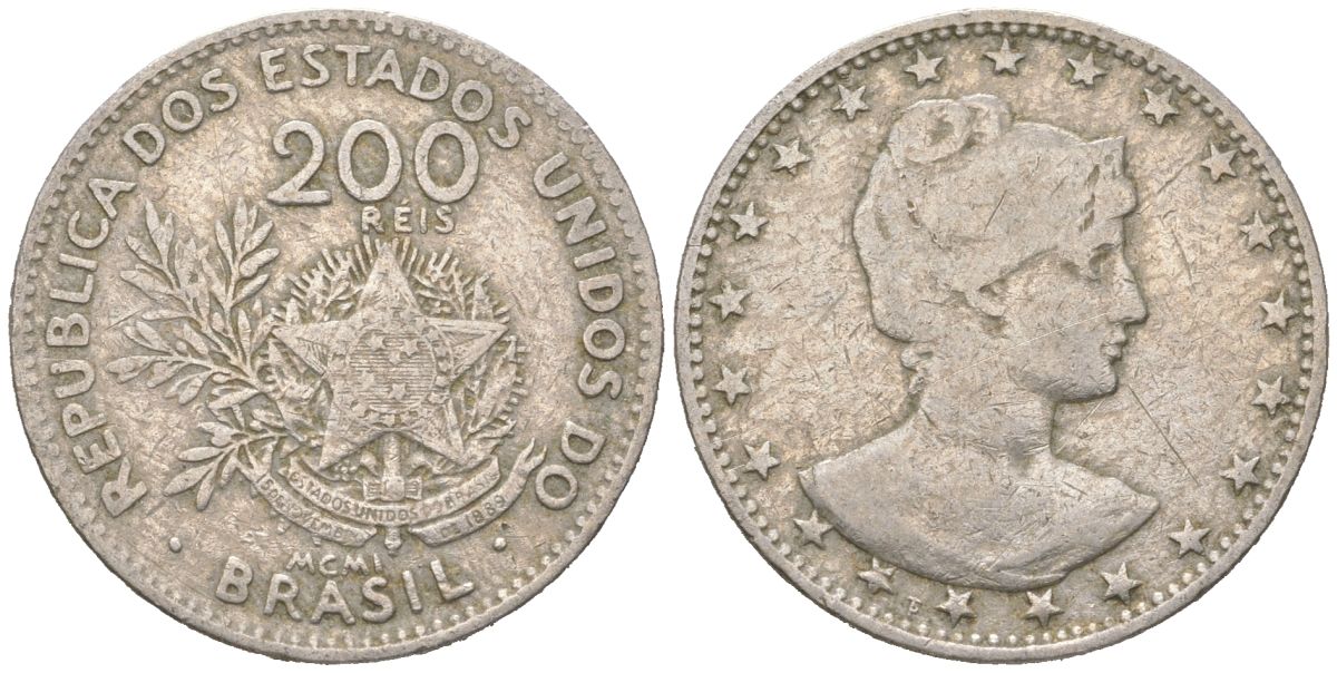 Бразилия 200 реалов 1901 MCMI, голова свободы вправо KM 504 медно-никель 4612-317