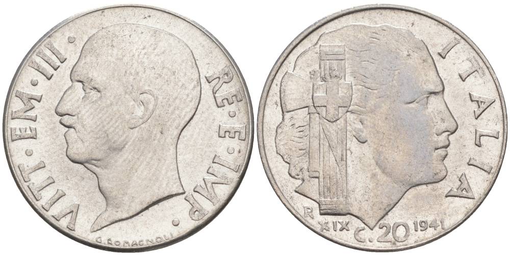 ИТАЛИЯ 20 ЧЕНТЕЗИМО 1941 R, ГОД XIX, ВИКТОР ЭММАНУИЛ III (1900-1946) KM 75b, VEM3. 1028 нержавеющая сталь 3853-641