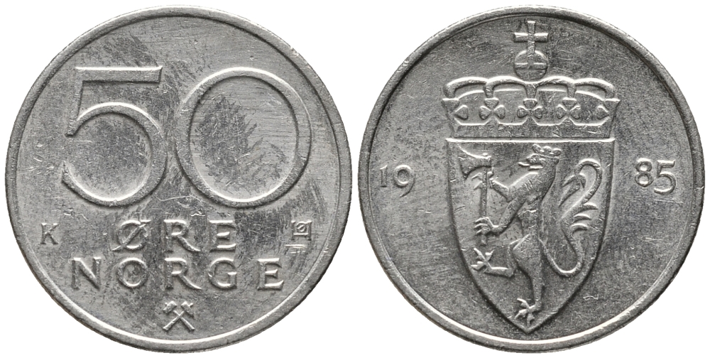 Норвегия 50 эре 1985 Улаф V (1957-1991) KM 418 медно-никель 67-135