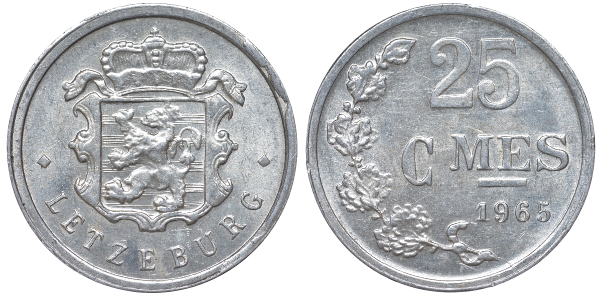Люксембург 25 сантимов 1965 KM 45a.1 алюминий 4532-917