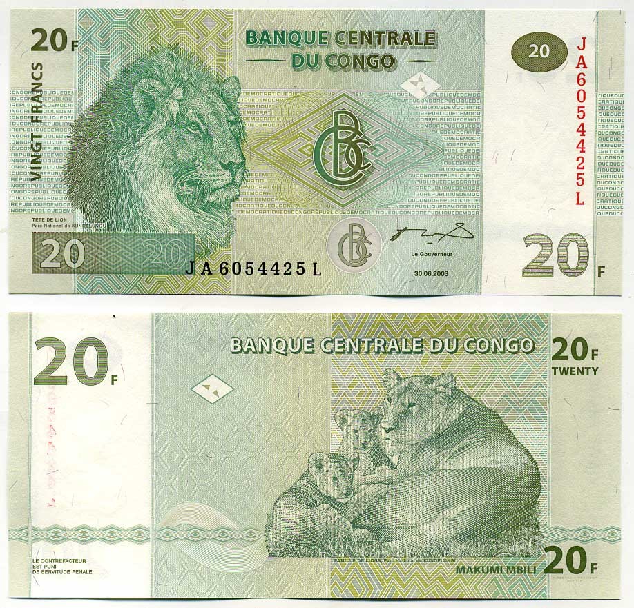 ДР Конго 20 франков 2003 львы Pick 94 a бумага UNC (пресс) 448-70-1