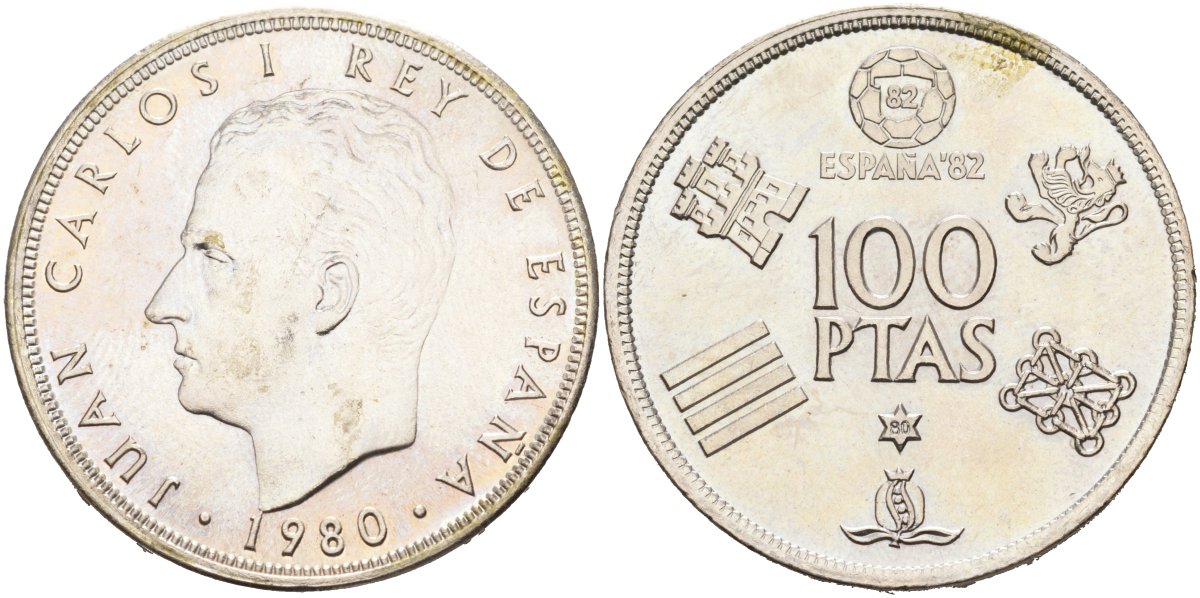 Испания 100 песет 1980 (80) чемпионат мира по футболу в Испании 82, Хуан Карлос I KM 820 медно-никель UNC 114-1016