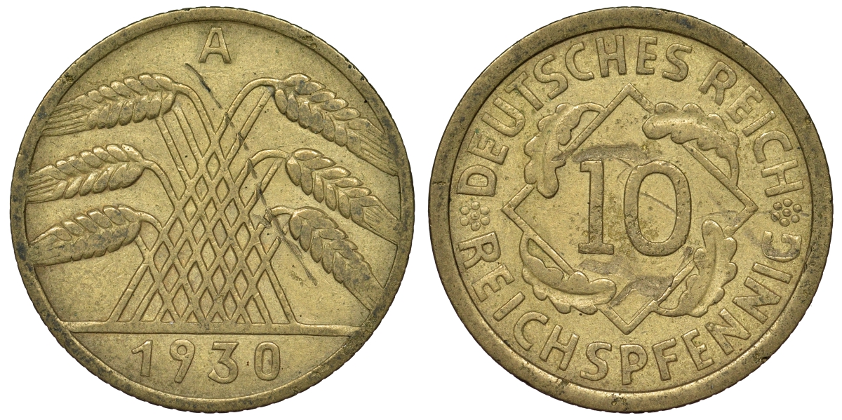 Германия 10 рейхспфеннигов 1930 A KM 40, J. 317 алюминиевая бронза 4121-925