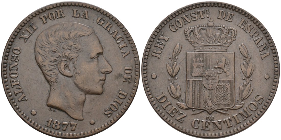 Испания 10 сентимо 1877 ОМ, АЛЬФОНСО XII (1875-1885) KM 675 бронза 4572-531