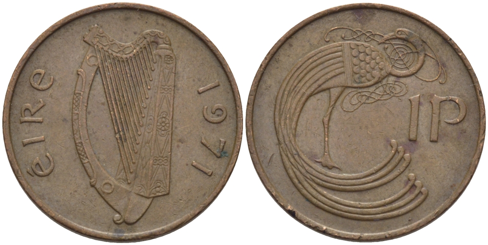 ИРЛАНДИЯ 1 ПЕННИ 1971 ПТИЧКА KM 20 бронза 261-1356