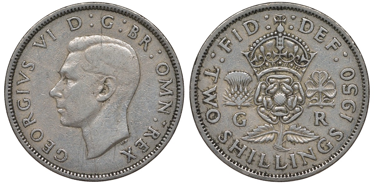 Великобритания 2 шиллинга (флорин) 1950 Георг VI (1936-1952) KM 878, Spink 4107 медно-никель 4131-524