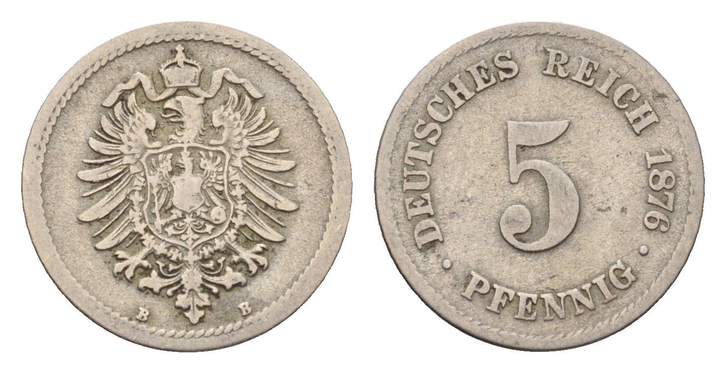 Германия 5 пфеннигов 1876 B, Вильгельм I (1871-1888) KM 3, J. 3 медно-никель 4632-628