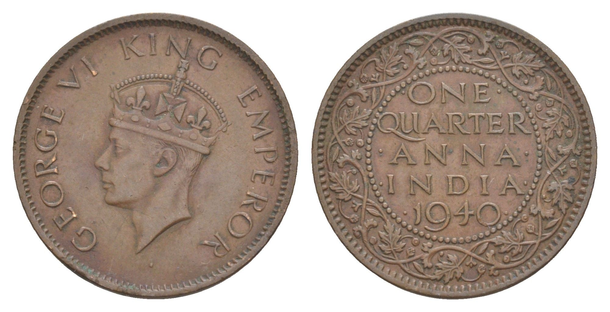 Британская Индия 1/4 анна 1940 Георг VI (1936-1952) KM 531 бронза 4650-946