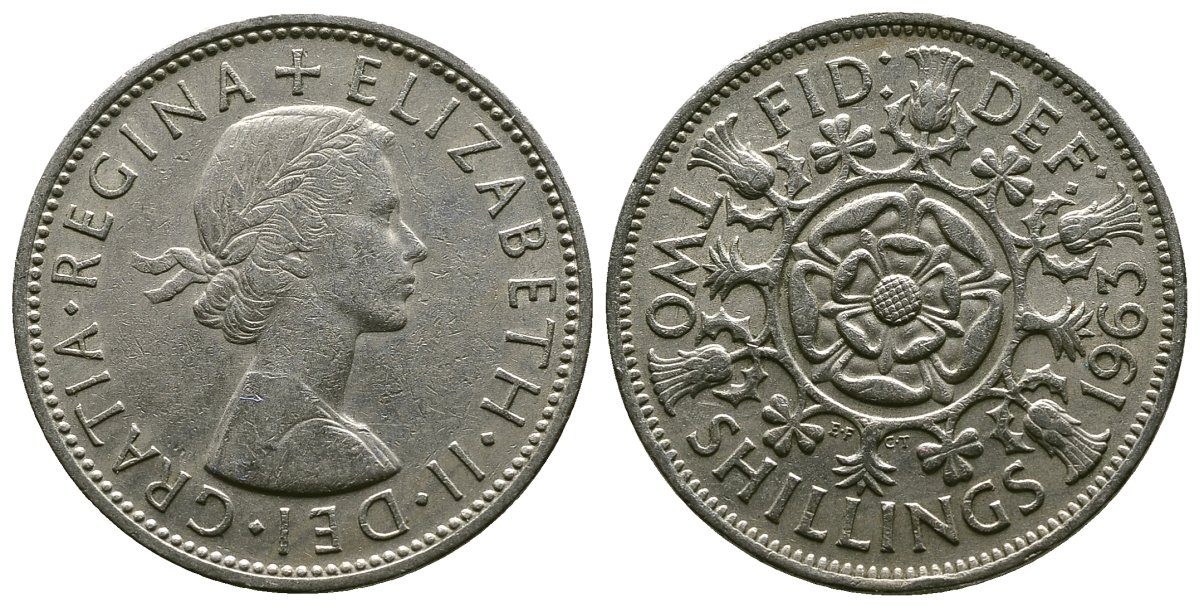 Великобритания 2 шиллинга (флорин) 1963 Елизавета II (1952-2022) KM 906, Spink 4146 медно-никель 4382-435