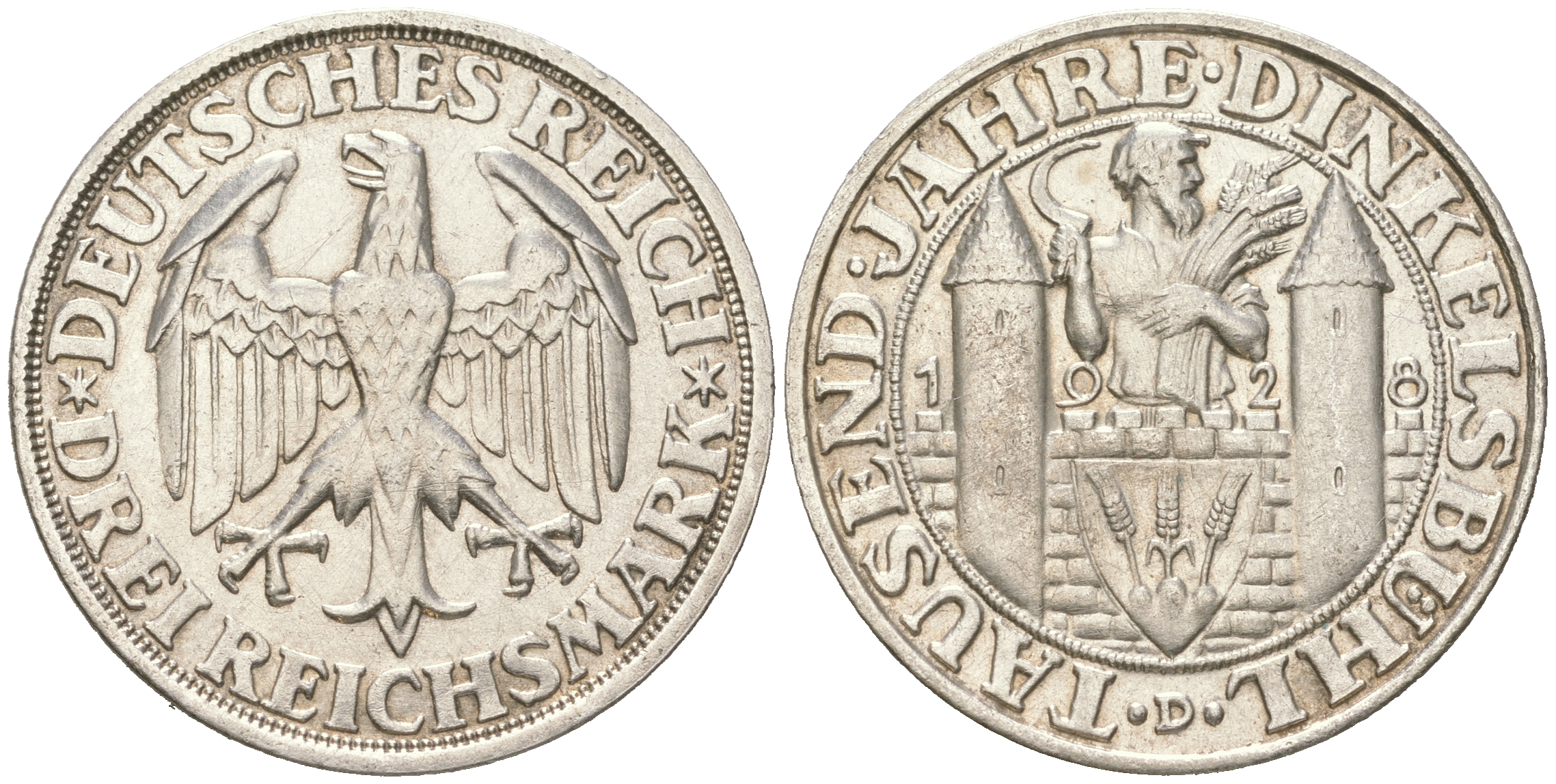 Германия 3 марки 1928 D, 1000 летие основания Динкельсбюля J. 334, KM 59 серебро  aUNC  00-816-33